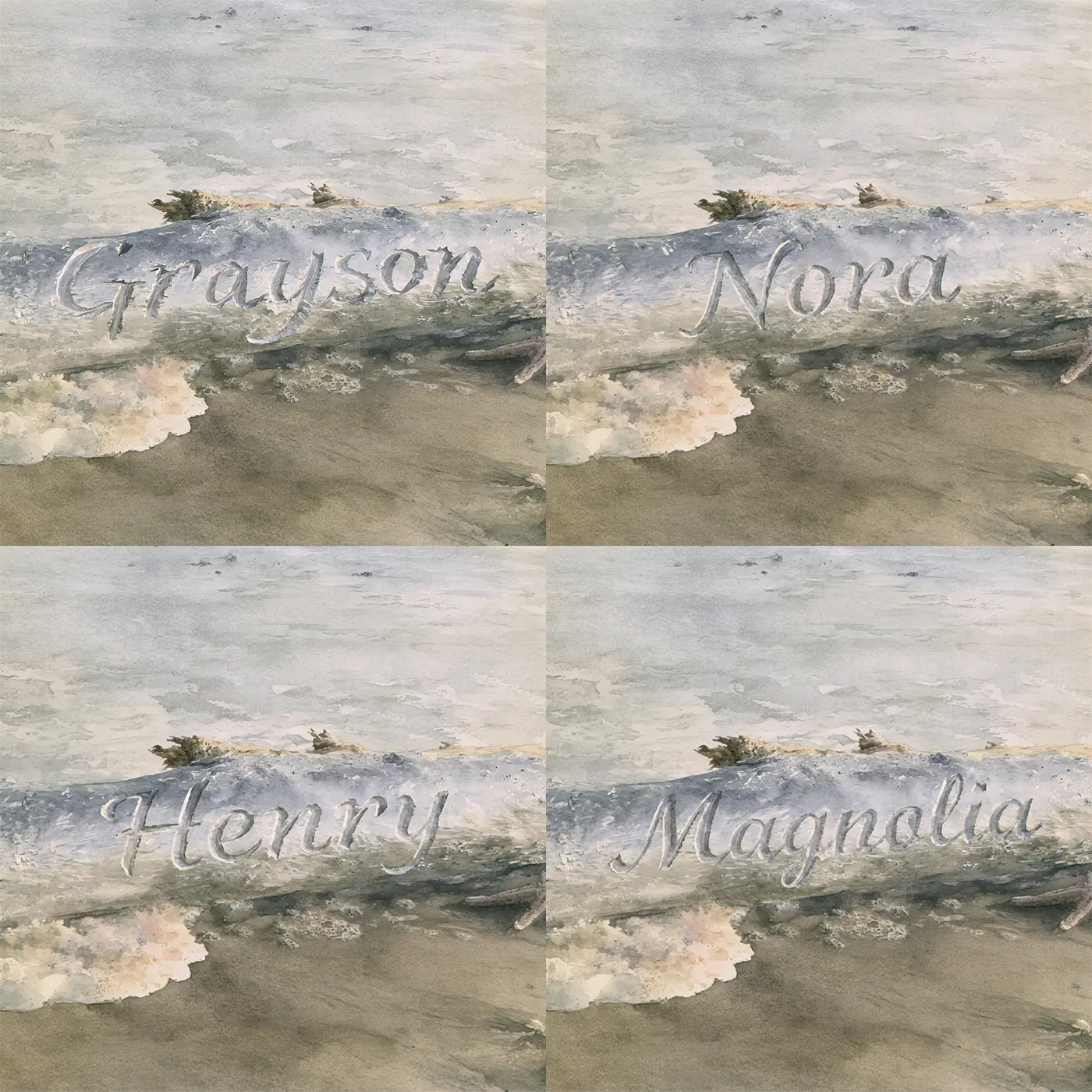 Four name preview examples of Misty Tide Line Starfish Personalized Wall Mural by Whimsy Tots