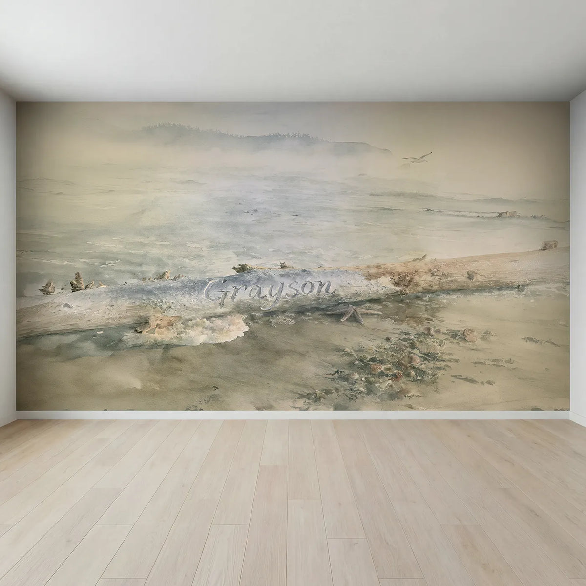 Full view of Misty Tide Line Starfish Personalized Wall Mural by Whimsy Tots