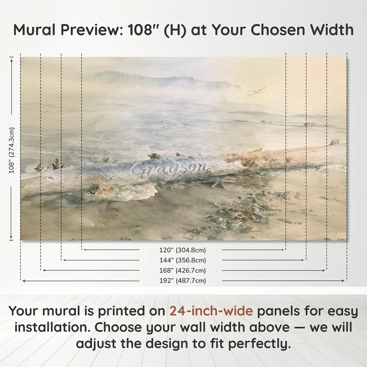Panel layout and dimensions for Misty Tide Line Starfish Personalized Wall Mural by Whimsy Tots