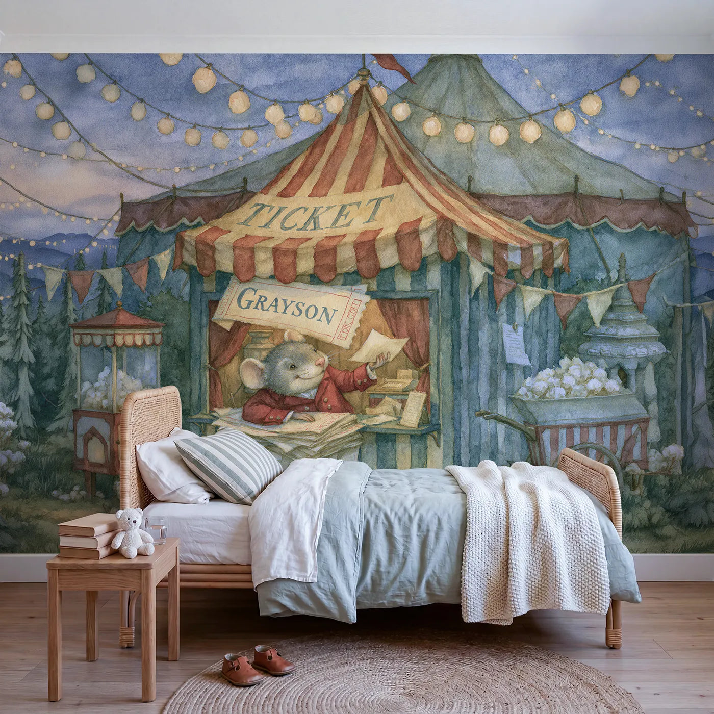 Storybook circus ticket booth personalized wall mural with printed paper stub by Whimsy Tots