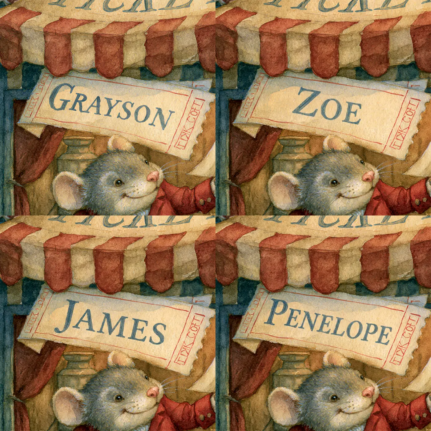 Four name preview examples of Circus Ticket Booth Personalized Wall Mural by Whimsy Tots