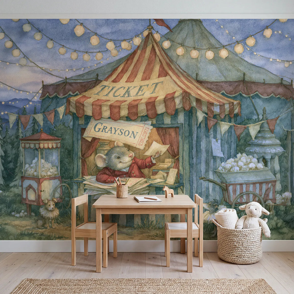 Circus Ticket Booth Personalized Wall Mural in playroom setting by Whimsy Tots