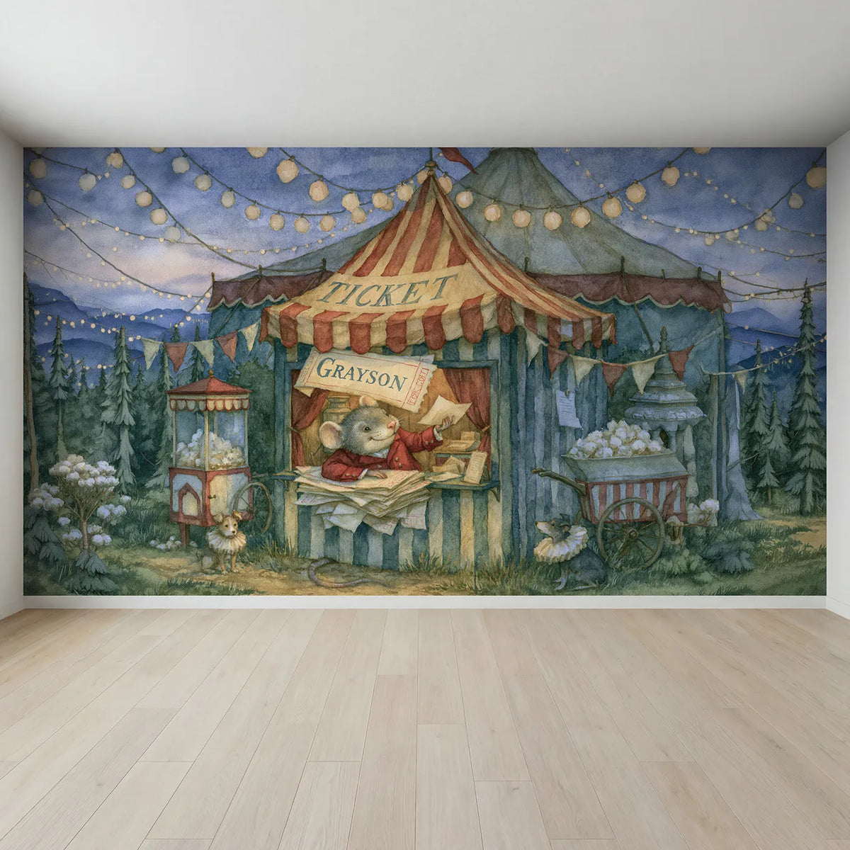 Full view of Circus Ticket Booth Personalized Wall Mural by Whimsy Tots