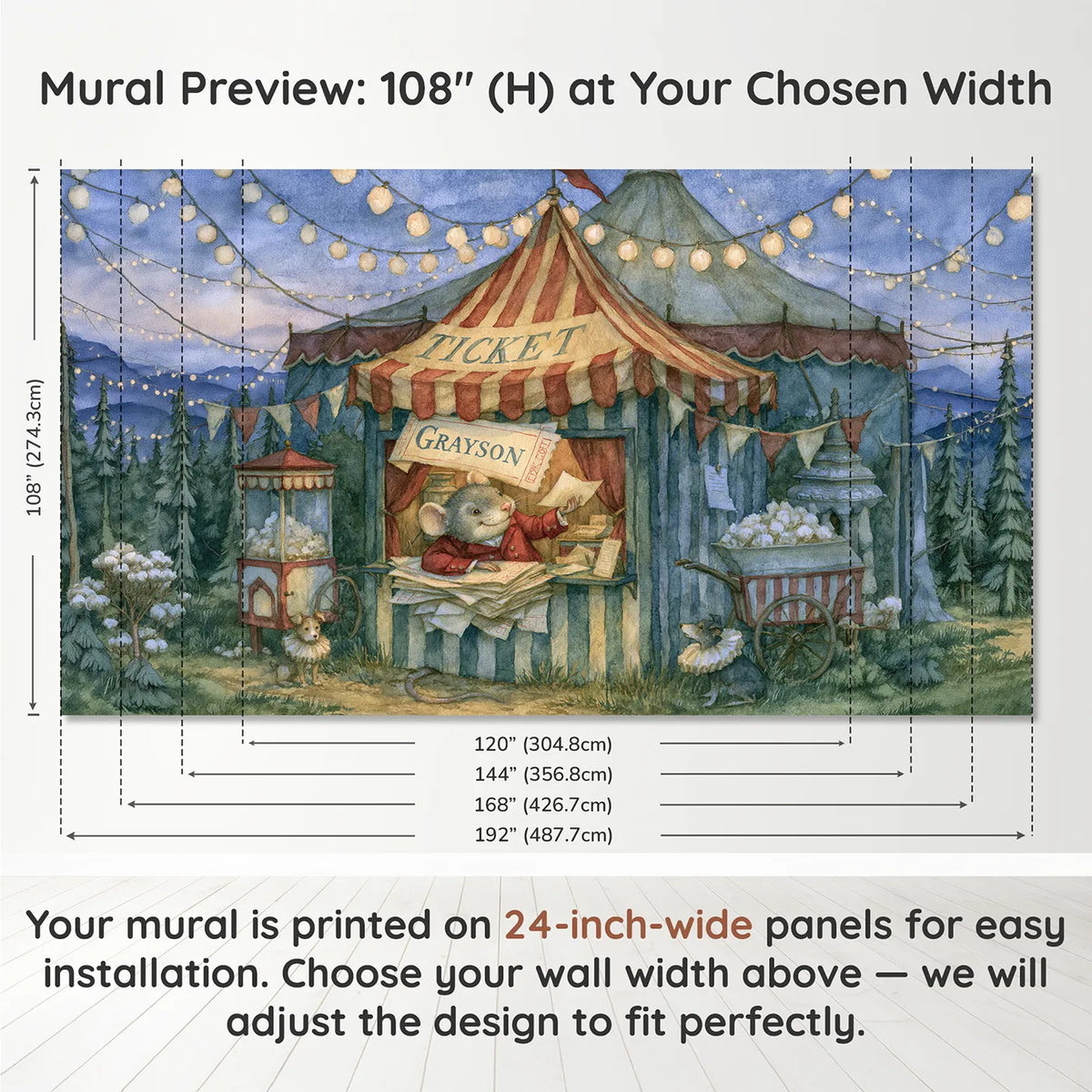 Panel layout and dimensions for Circus Ticket Booth Personalized Wall Mural by Whimsy Tots