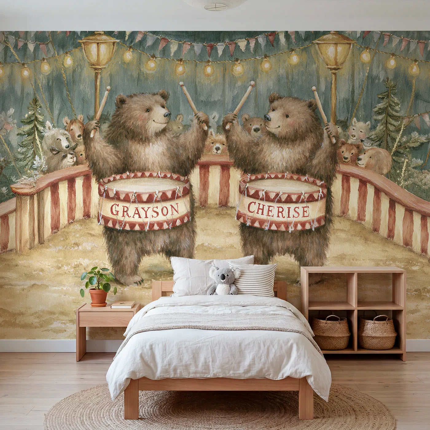 Storybook two circus bears personalized wall mural with painted drum bands by Whimsy Tots