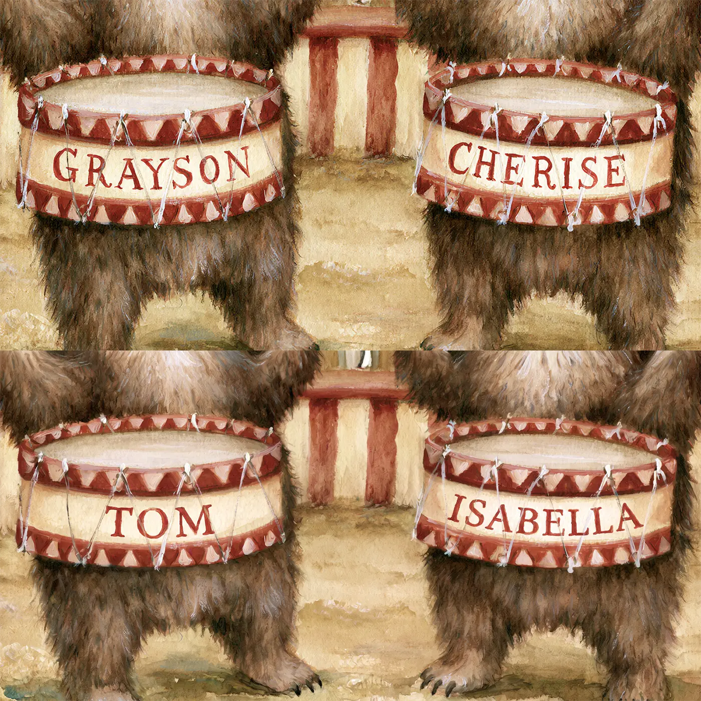 Four name preview examples of Two Circus Drums Personalized Wall Mural by Whimsy Tots