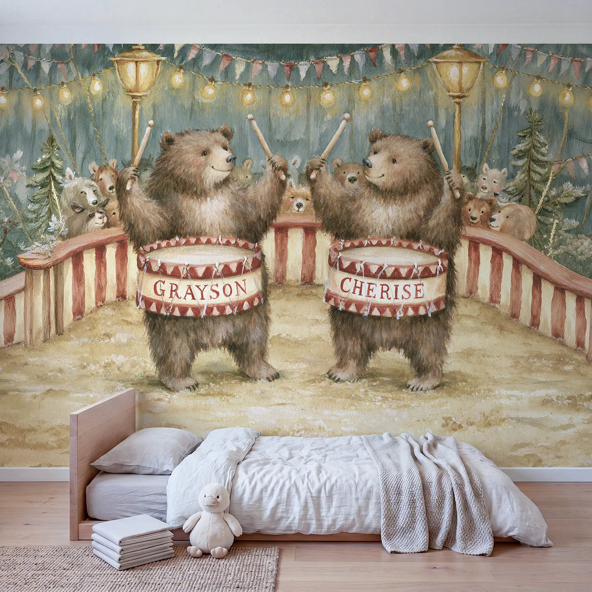 Two Circus Drums Personalized Wall Mural in playroom setting by Whimsy Tots