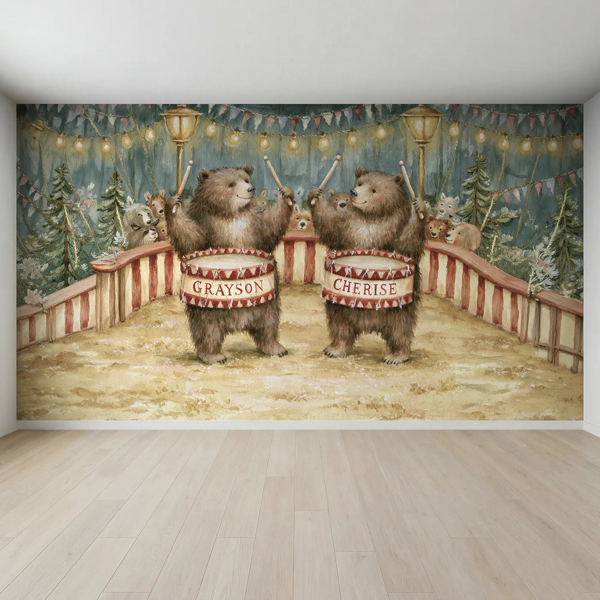 Full view of Two Circus Drums Personalized Wall Mural by Whimsy Tots