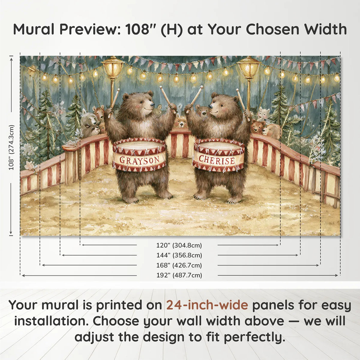 Panel layout and dimensions for Two Circus Drums Personalized Wall Mural by Whimsy Tots