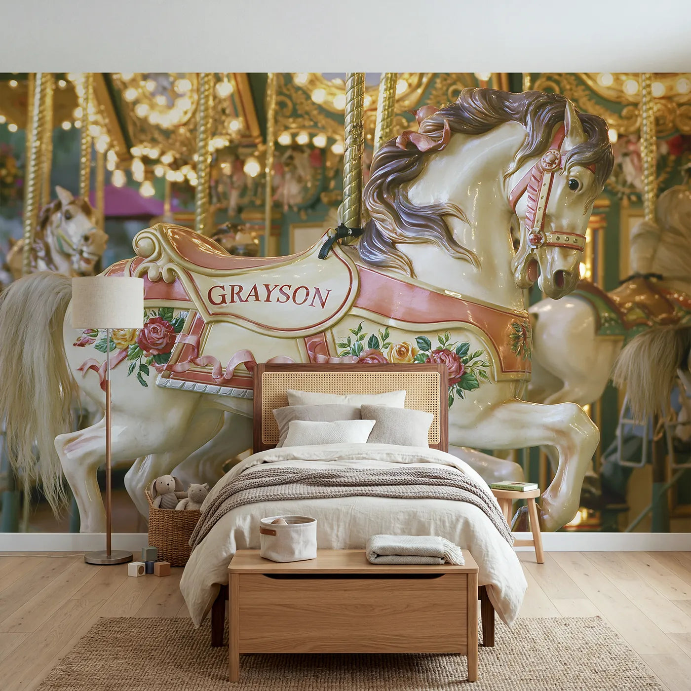 Watercolor carousel horse personalized wall mural with lettered saddle band by Whimsy Tots