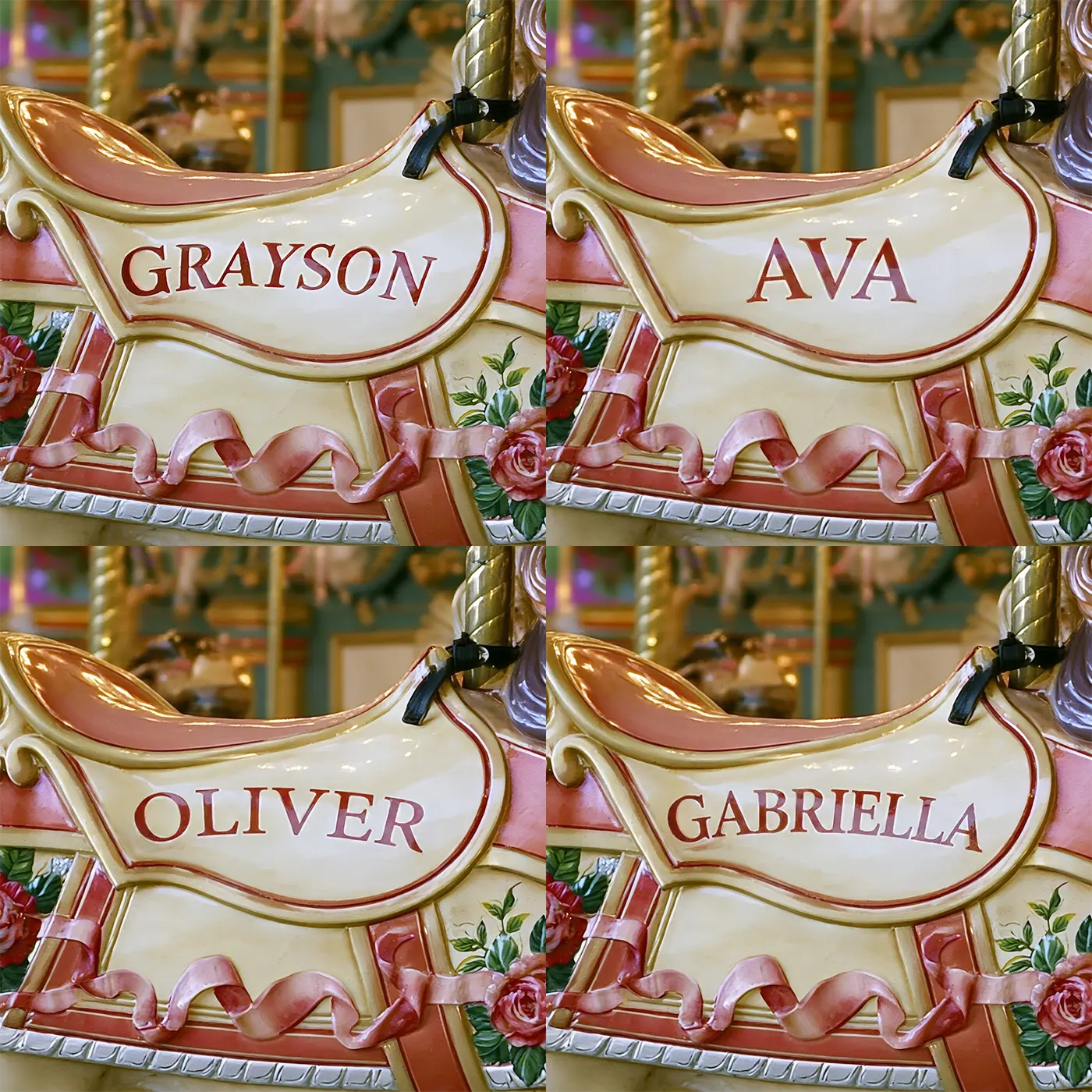Four name preview examples of Carousel Horse Saddle Personalized Wall Mural by Whimsy Tots