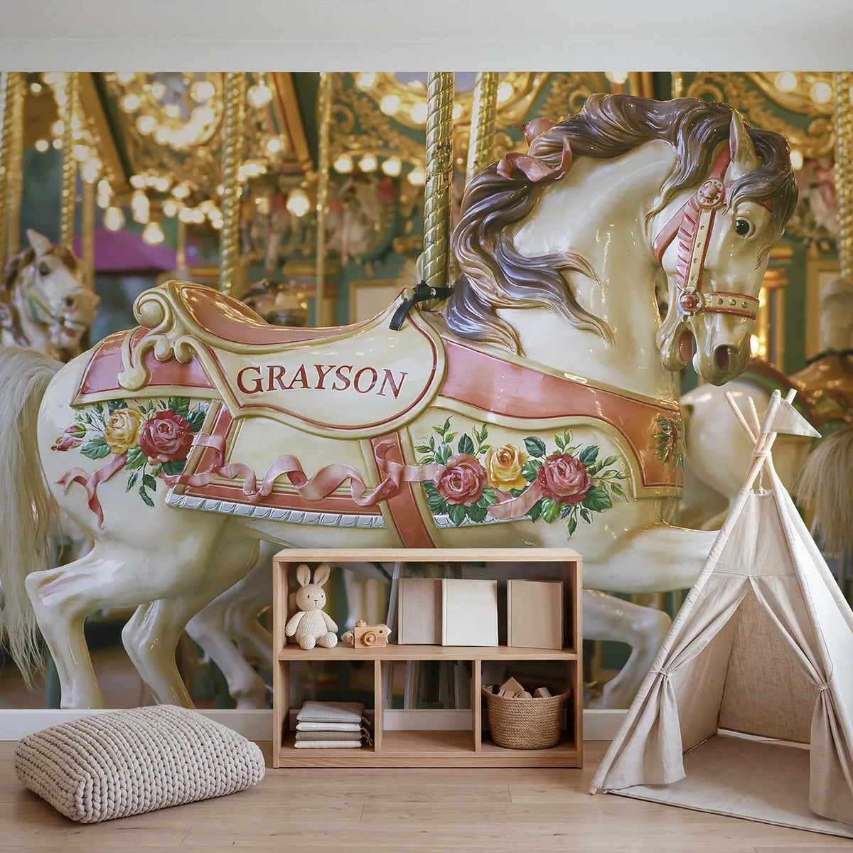 Carousel Horse Saddle Personalized Wall Mural in playroom setting by Whimsy Tots
