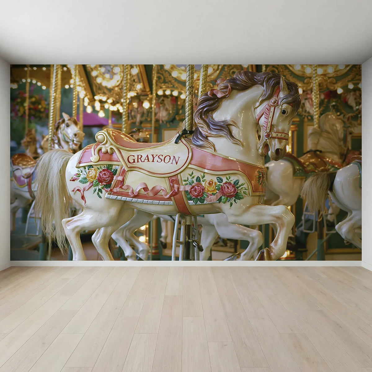Full view of Carousel Horse Saddle Personalized Wall Mural by Whimsy Tots