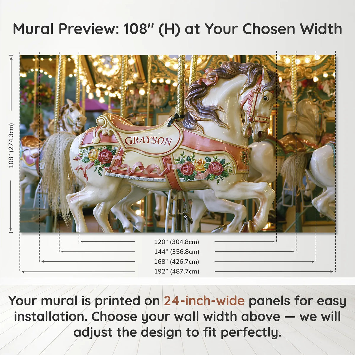 Panel layout and dimensions for Carousel Horse Saddle Personalized Wall Mural by Whimsy Tots