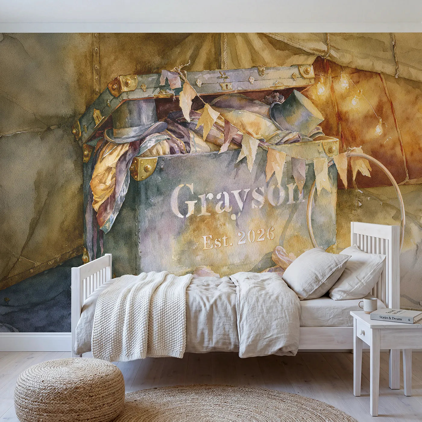 Watercolor circus trunk keepsake personalized wall mural with stencilled lid and year by Whimsy Tots