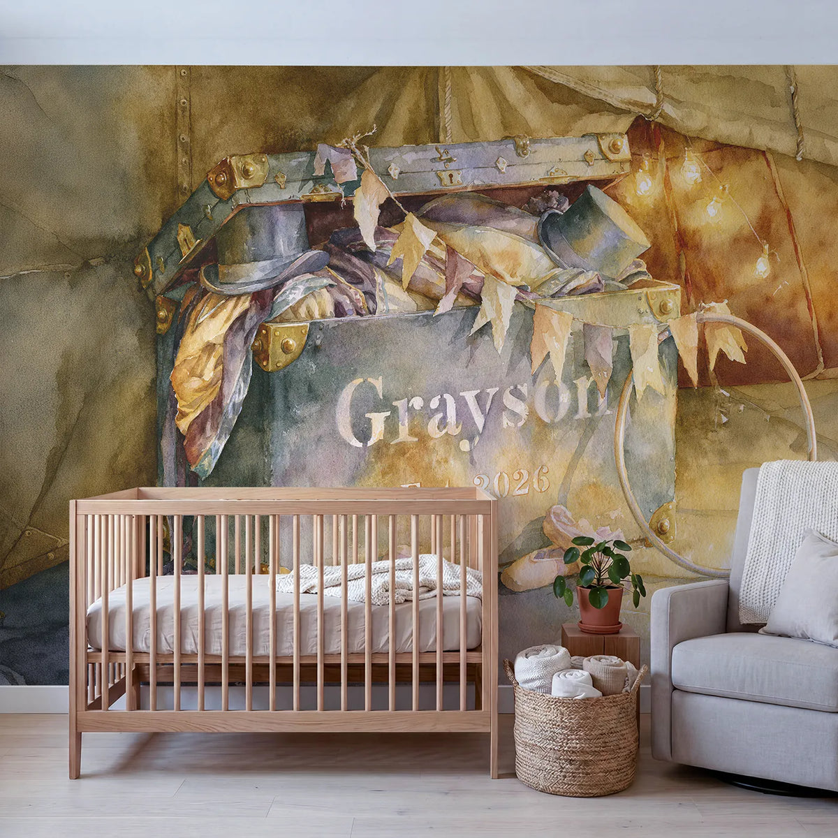 Circus Trunk Keepsake Personalized Wall Mural in playroom setting by Whimsy Tots