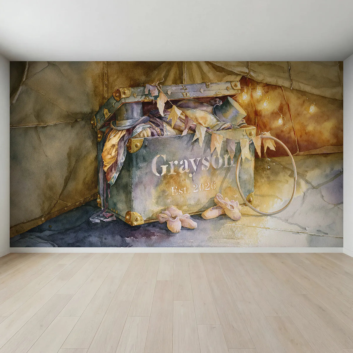 Full view of Circus Trunk Keepsake Personalized Wall Mural by Whimsy Tots