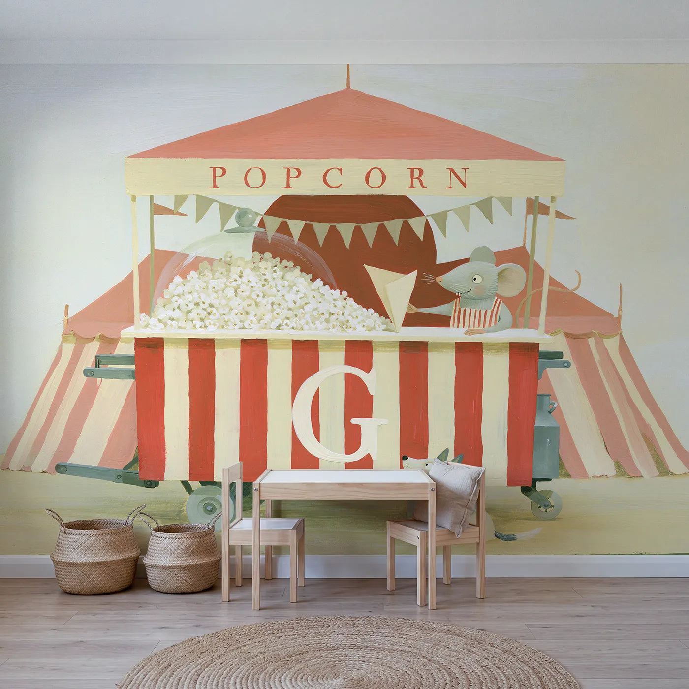 Modern illustration popcorn cart personalized wall mural with painted side initial by Whimsy Tots