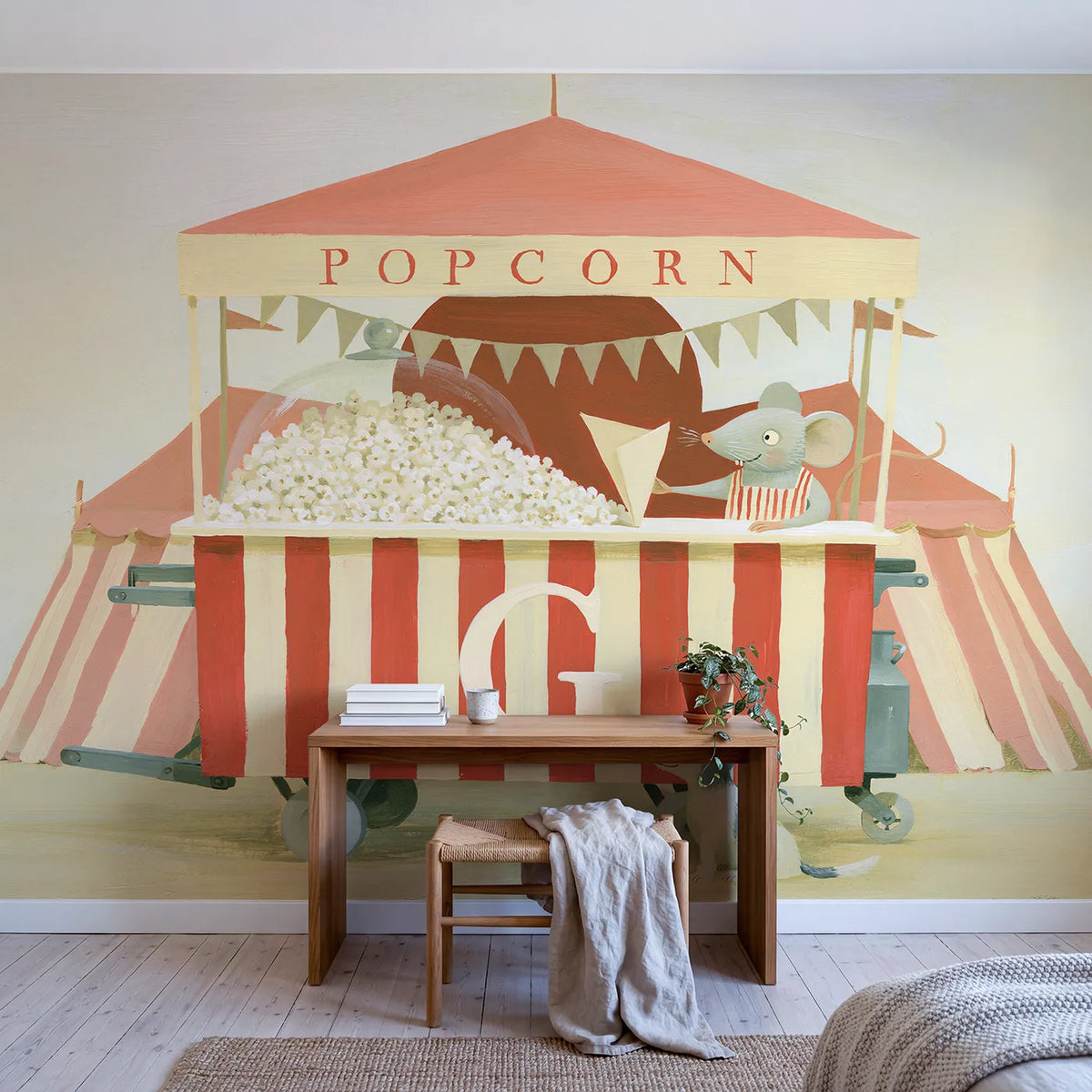 Flat Popcorn Cart Personalized Wall Mural in playroom setting by Whimsy Tots