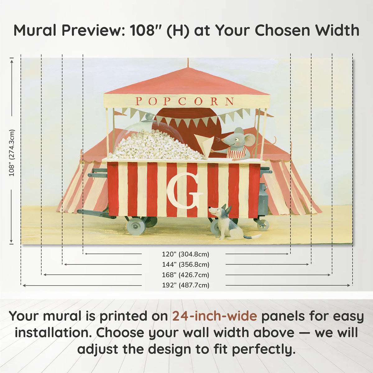 Panel layout and dimensions for Flat Popcorn Cart Personalized Wall Mural by Whimsy Tots