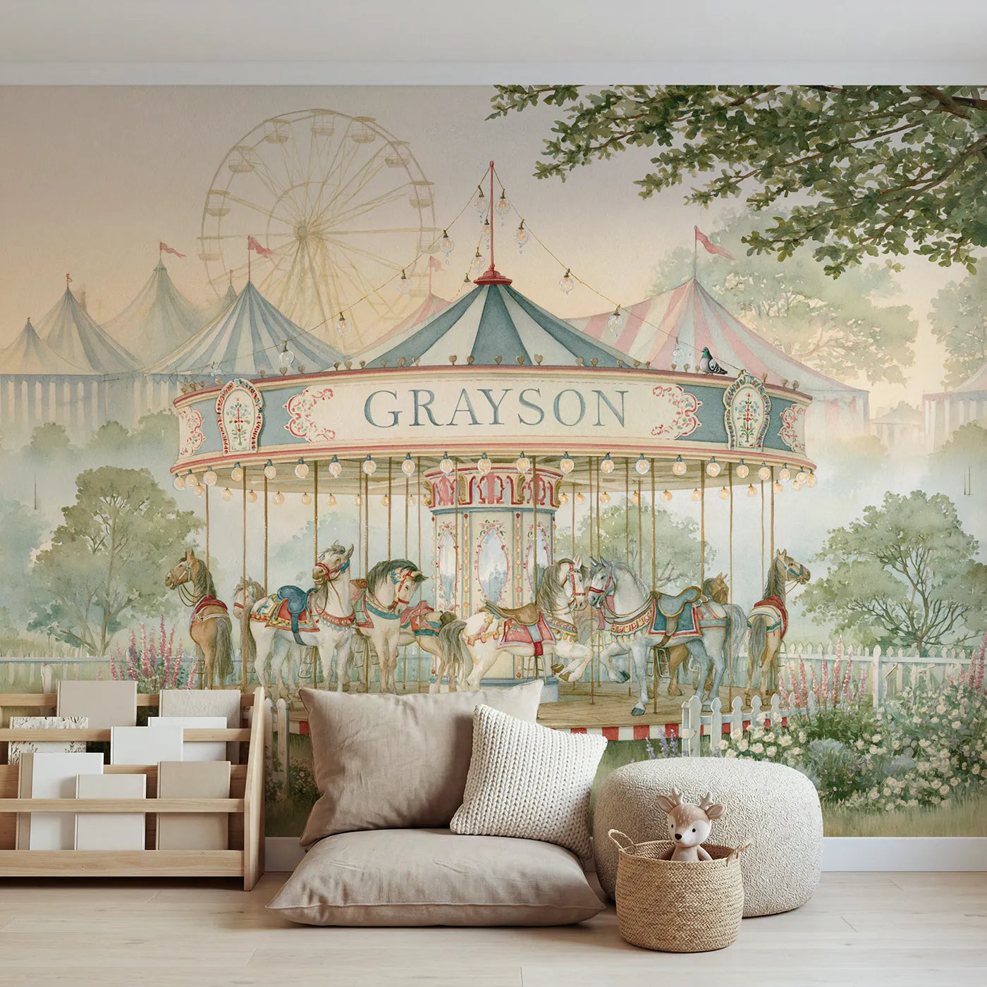 Watercolor misty fairground carousel personalized wall mural with painted centre drum by Whimsy Tots