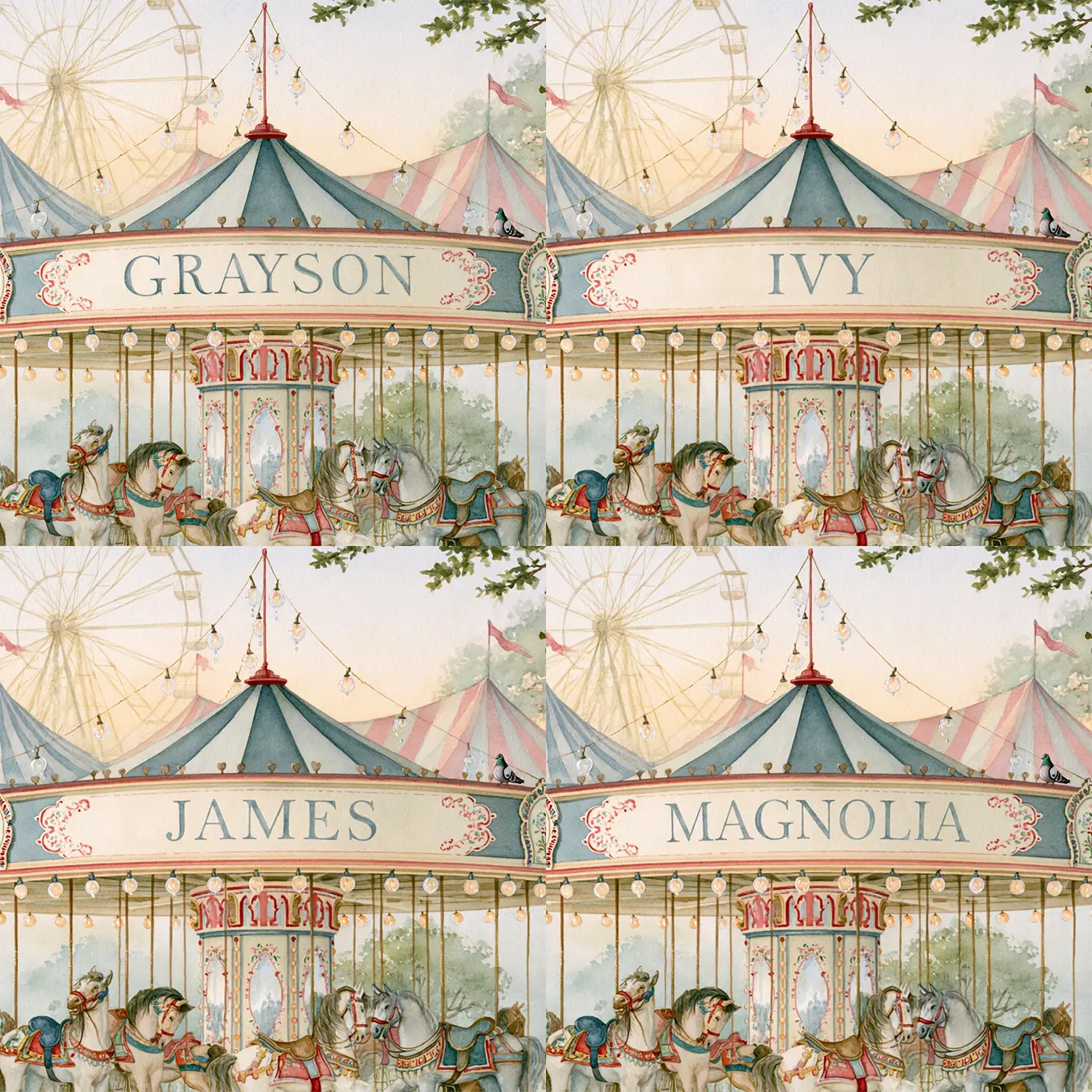 Four name preview examples of Misty Fairground Dawn Personalized Wall Mural by Whimsy Tots