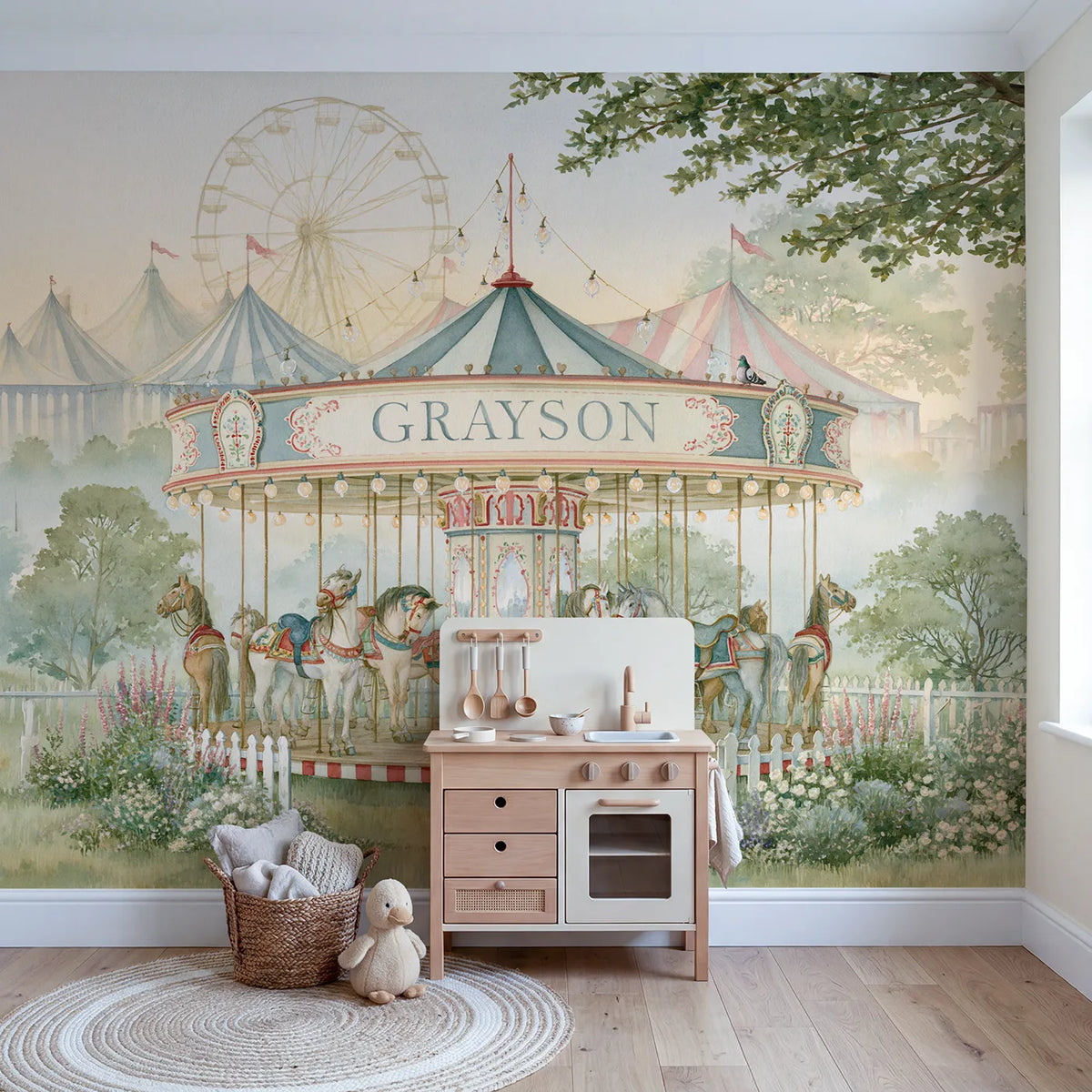 Misty Fairground Dawn Personalized Wall Mural in playroom setting by Whimsy Tots