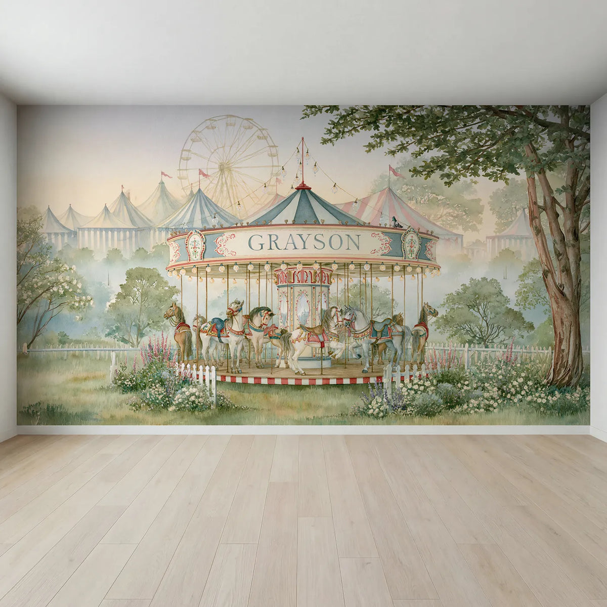 Full view of Misty Fairground Dawn Personalized Wall Mural by Whimsy Tots
