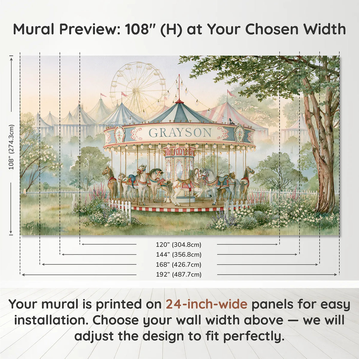 Panel layout and dimensions for Misty Fairground Dawn Personalized Wall Mural by Whimsy Tots