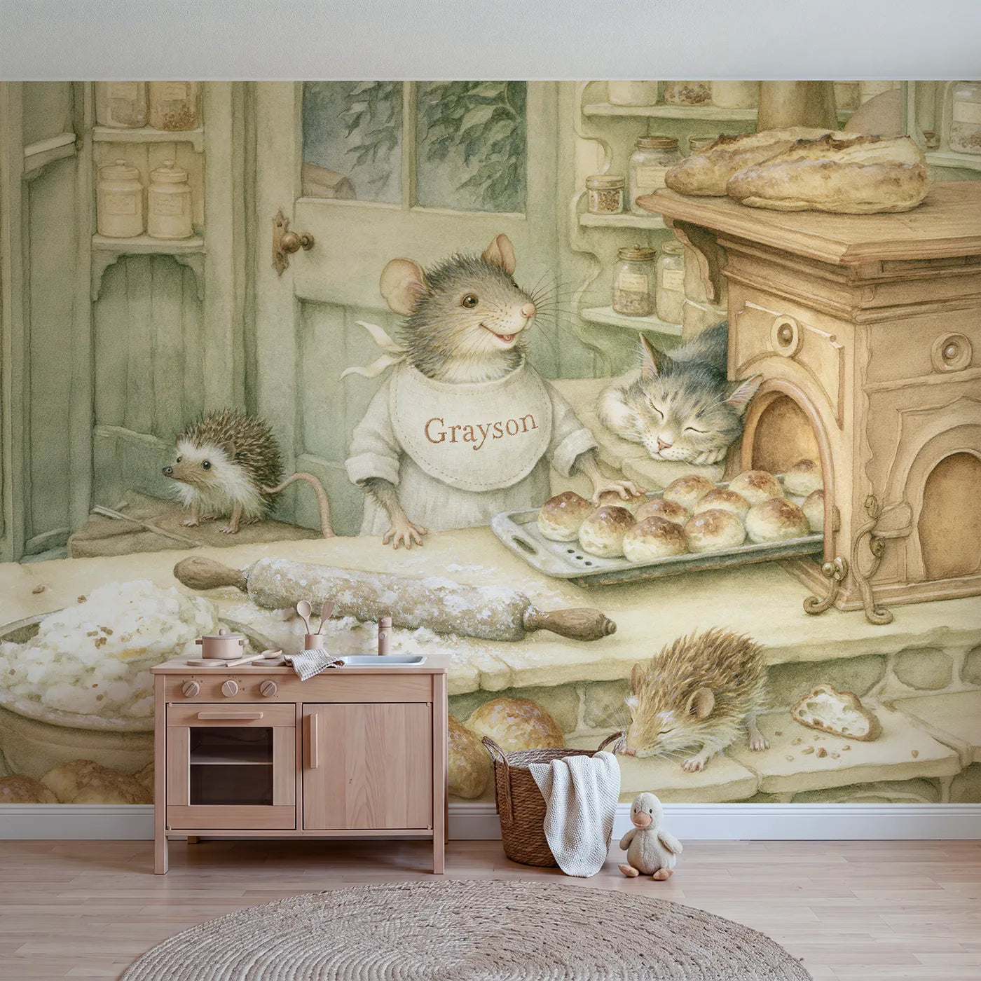 Storybook mouse baker apron personalized wall mural with embroidered linen bib by Whimsy Tots