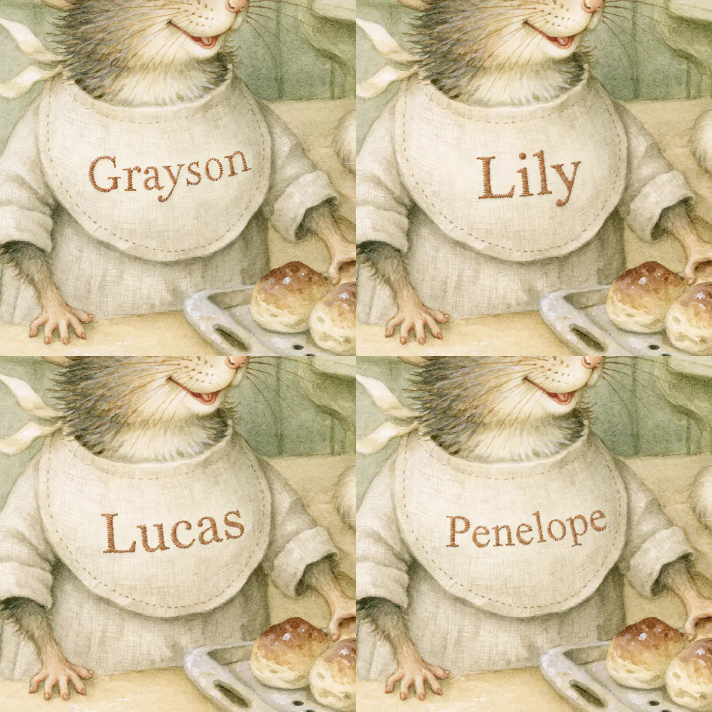 Four name preview examples of Mouse Bakers Apron Personalized Wall Mural by Whimsy Tots