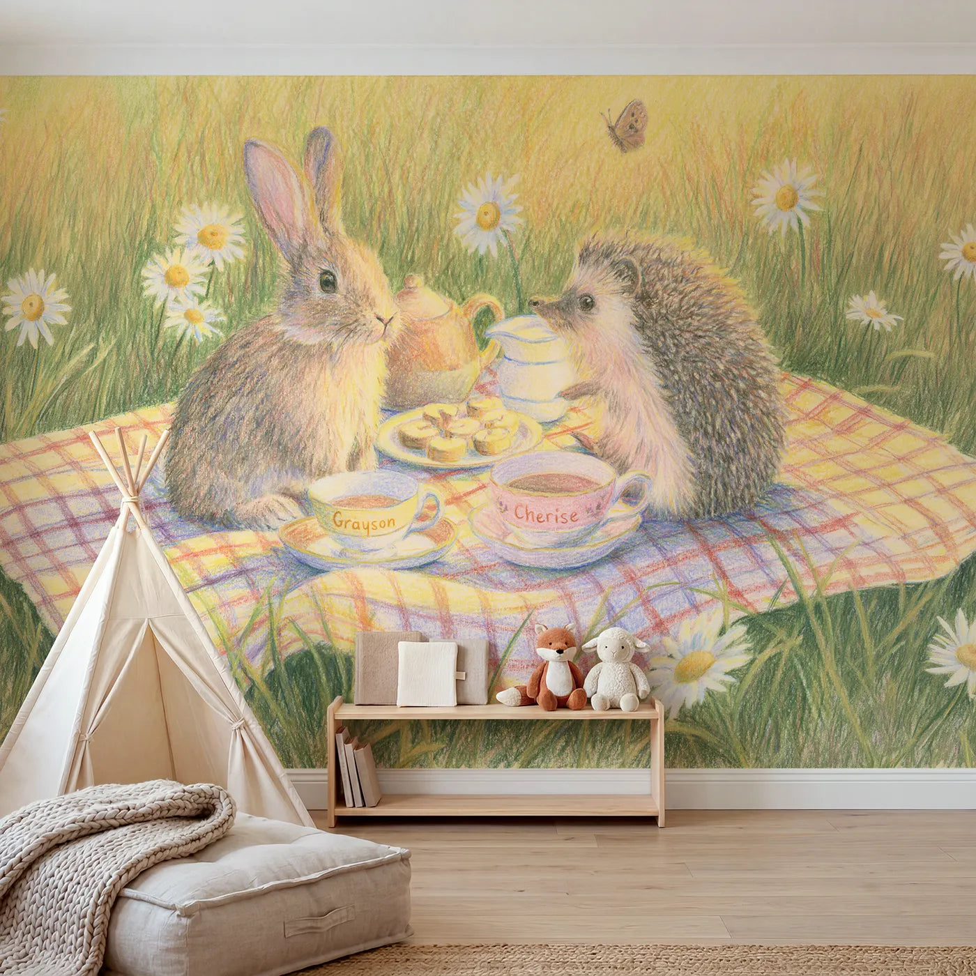 Colored pencil animal tea party personalized wall mural with painted teacup bellies by Whimsy Tots