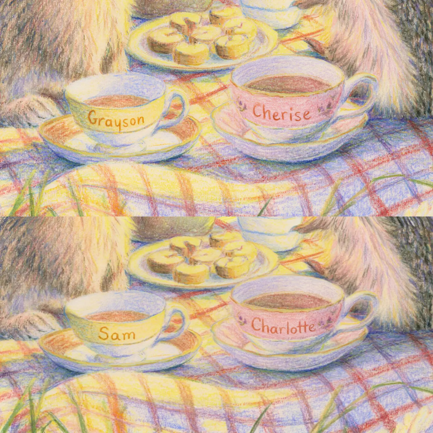 Four name preview examples of Two Animals Tea Cups Personalized Wall Mural by Whimsy Tots