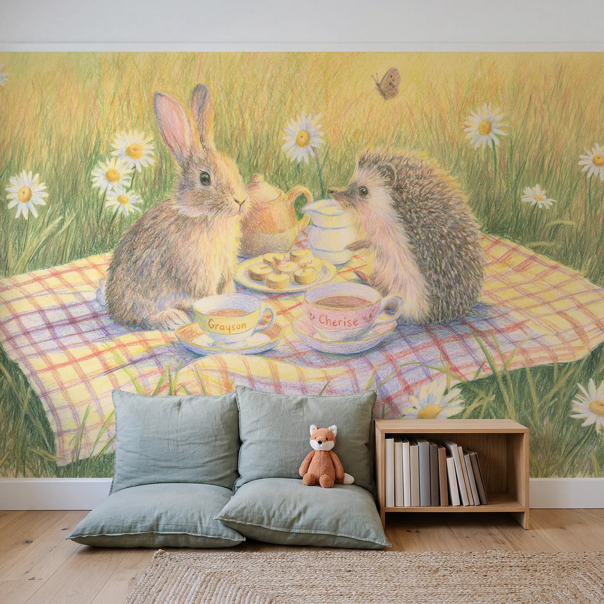 Two Animals Tea Cups Personalized Wall Mural in playroom setting by Whimsy Tots