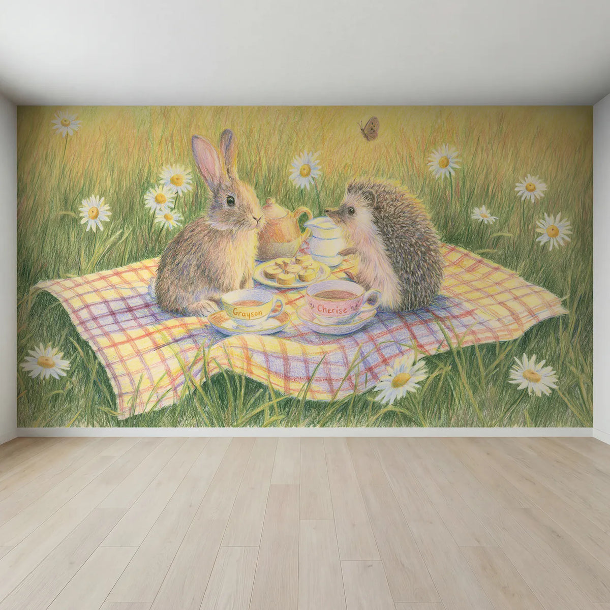 Full view of Two Animals Tea Cups Personalized Wall Mural by Whimsy Tots