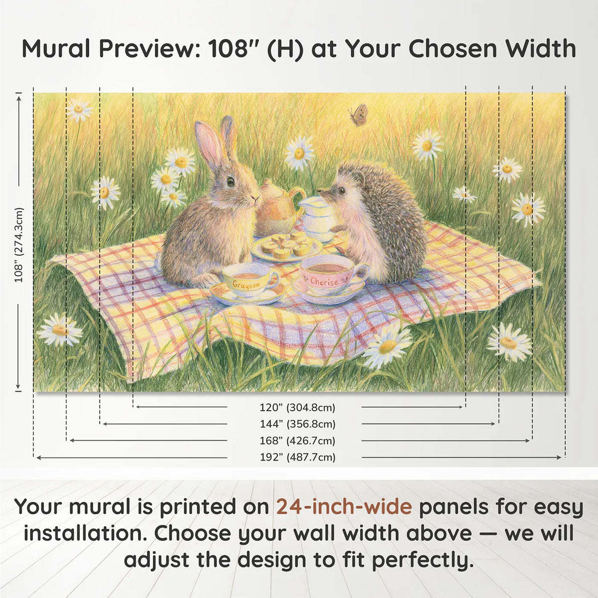 Panel layout and dimensions for Two Animals Tea Cups Personalized Wall Mural by Whimsy Tots