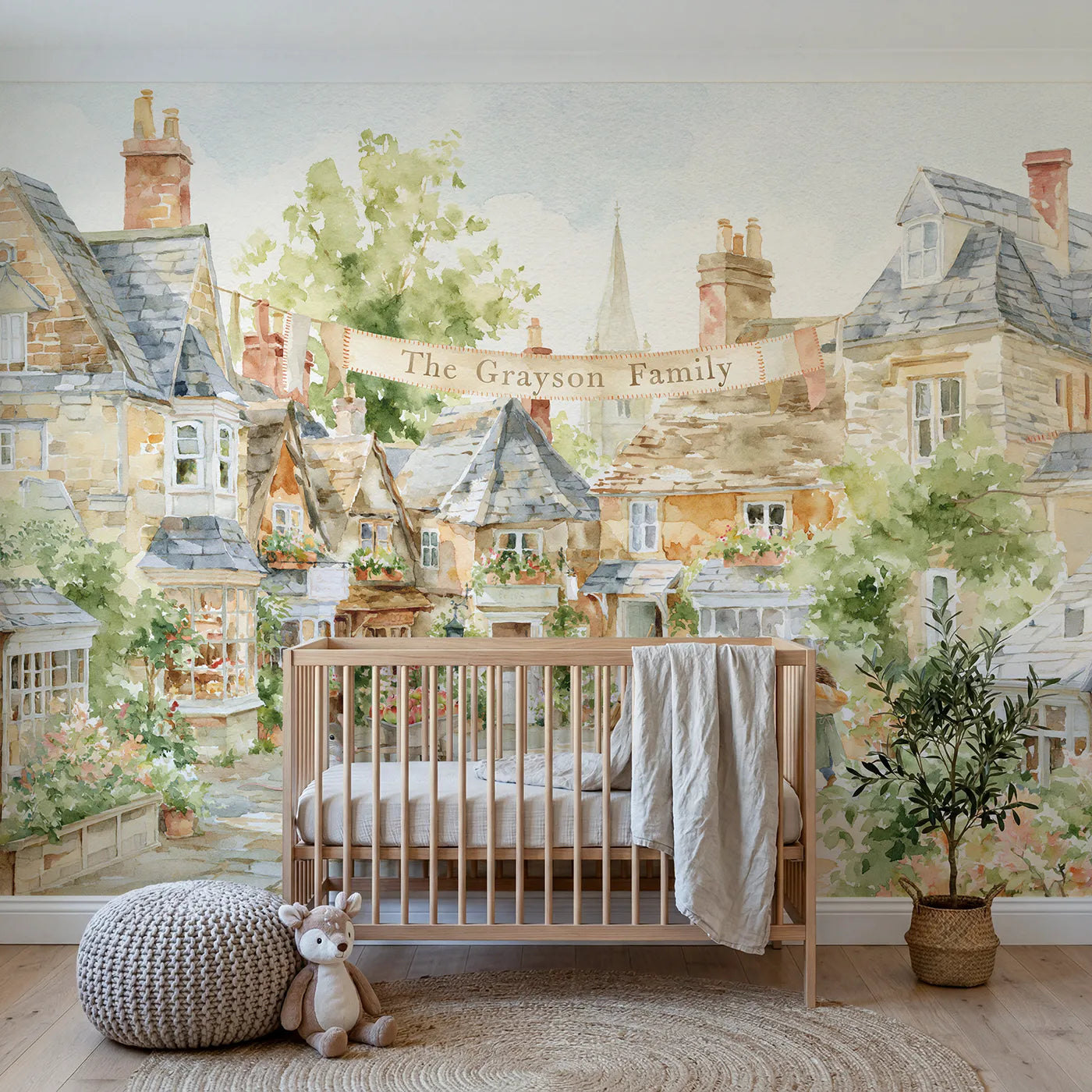 Watercolor animal village bunting personalized wall mural with stitched cloth band by Whimsy Tots
