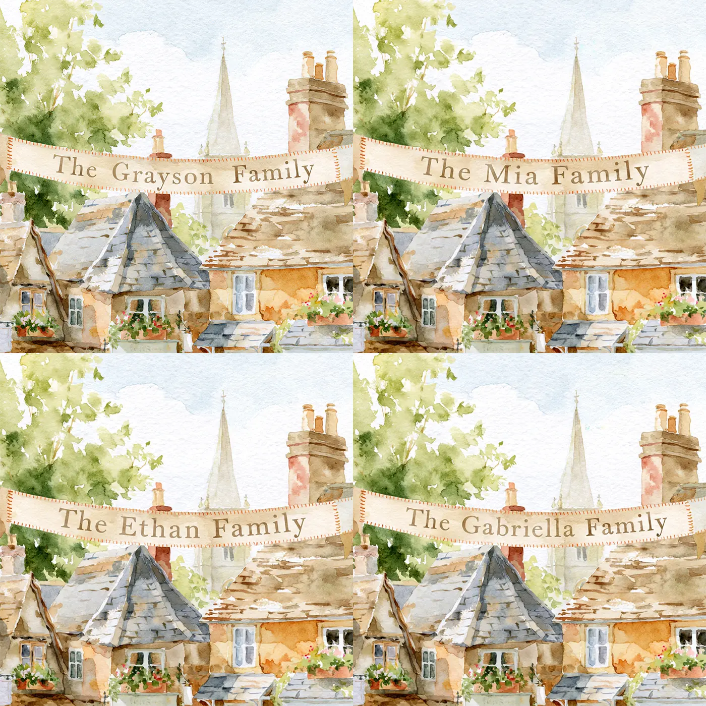 Four name preview examples of Family Village Bunting Personalized Wall Mural by Whimsy Tots