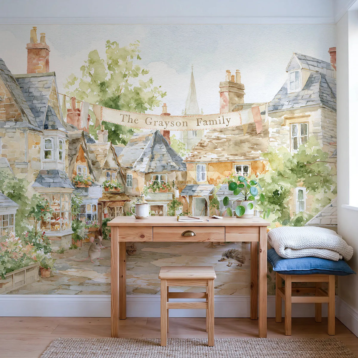 Family Village Bunting Personalized Wall Mural in playroom setting by Whimsy Tots