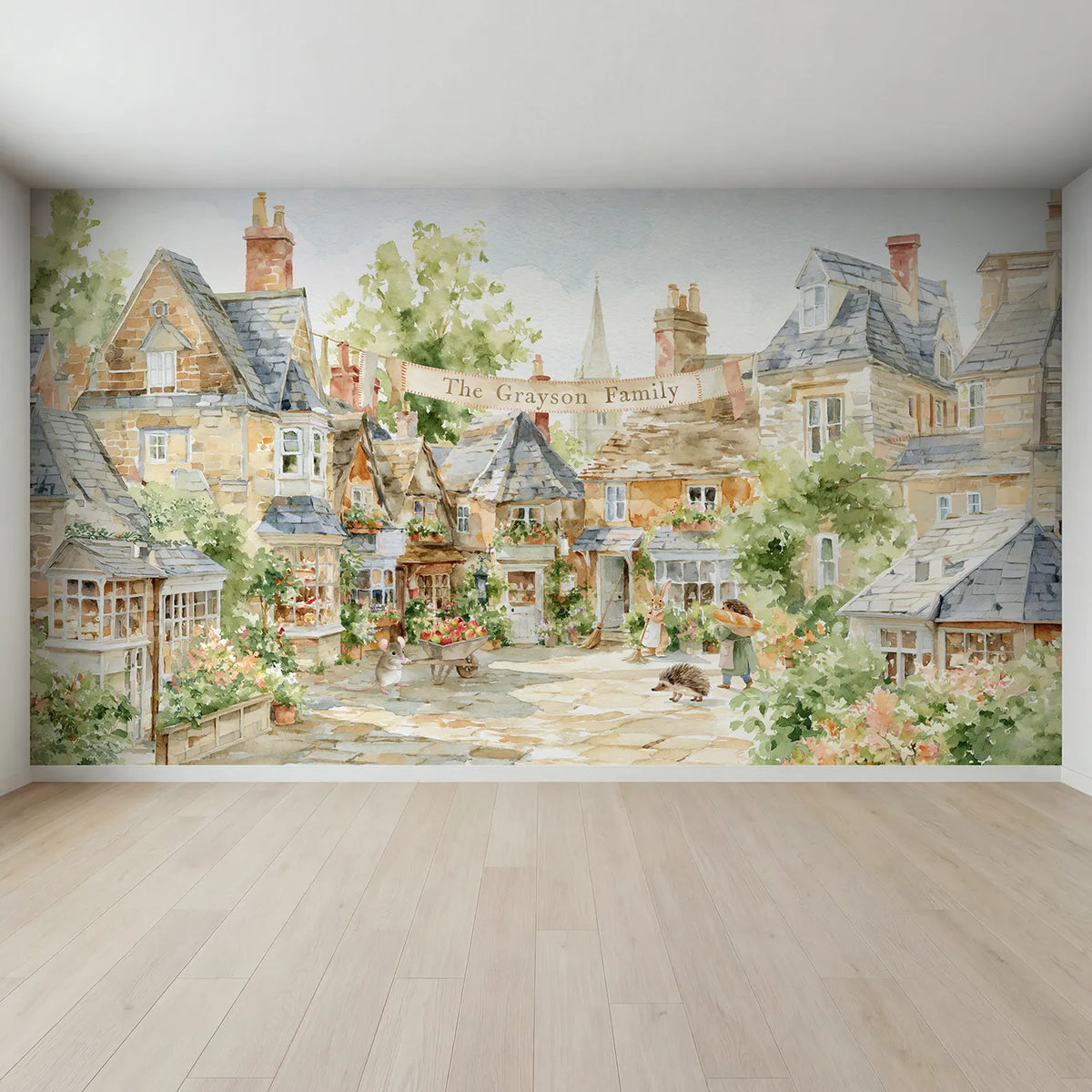 Full view of Family Village Bunting Personalized Wall Mural by Whimsy Tots