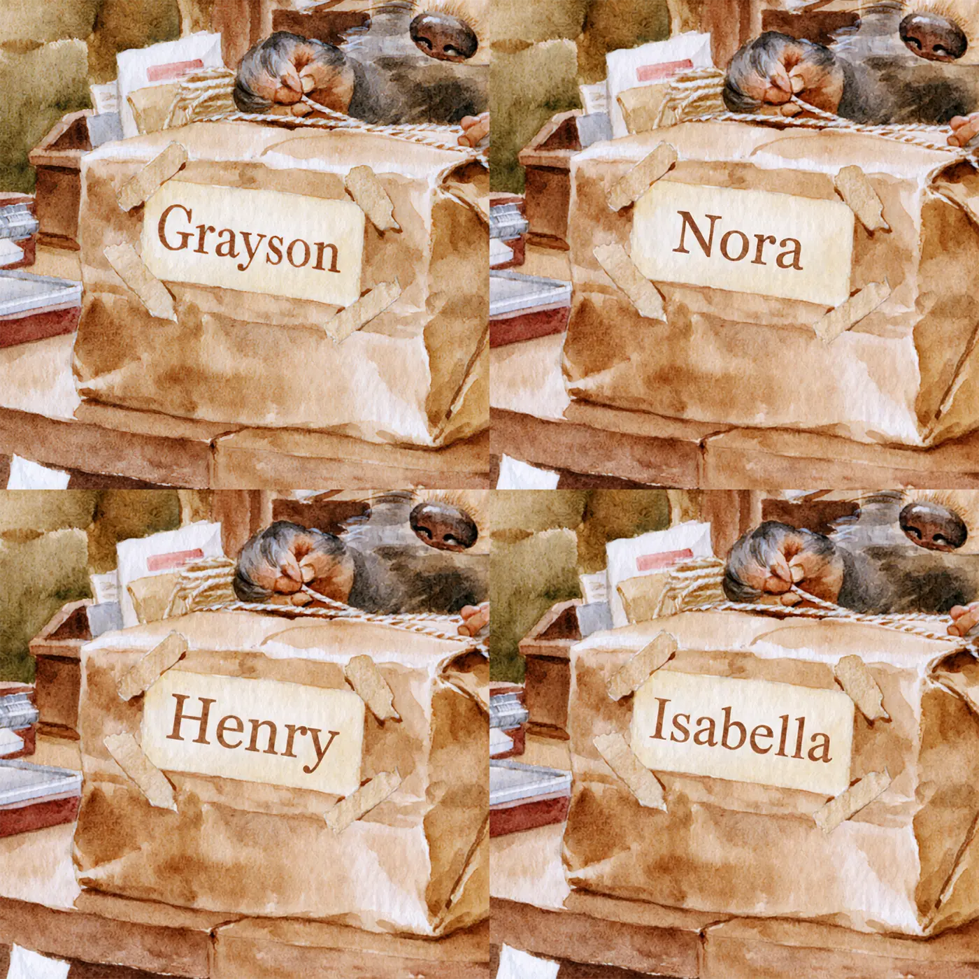 Four name preview examples of Post Office Parcel Personalized Wall Mural by Whimsy Tots
