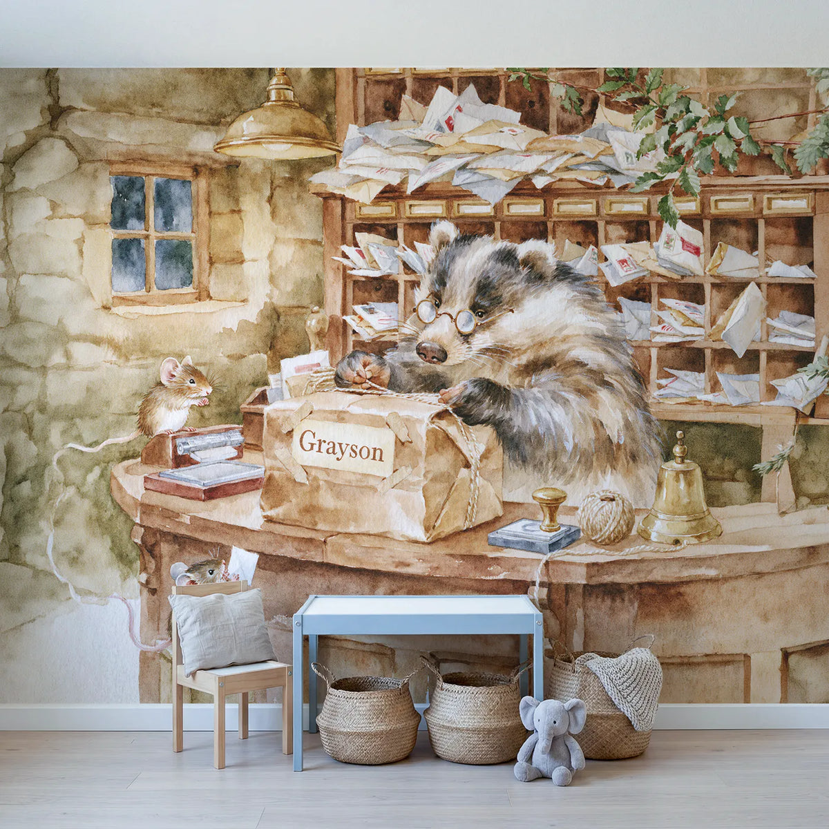 Post Office Parcel Personalized Wall Mural in playroom setting by Whimsy Tots