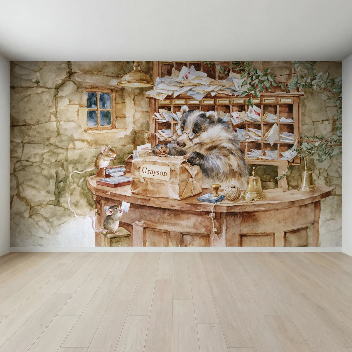 Full view of Post Office Parcel Personalized Wall Mural by Whimsy Tots