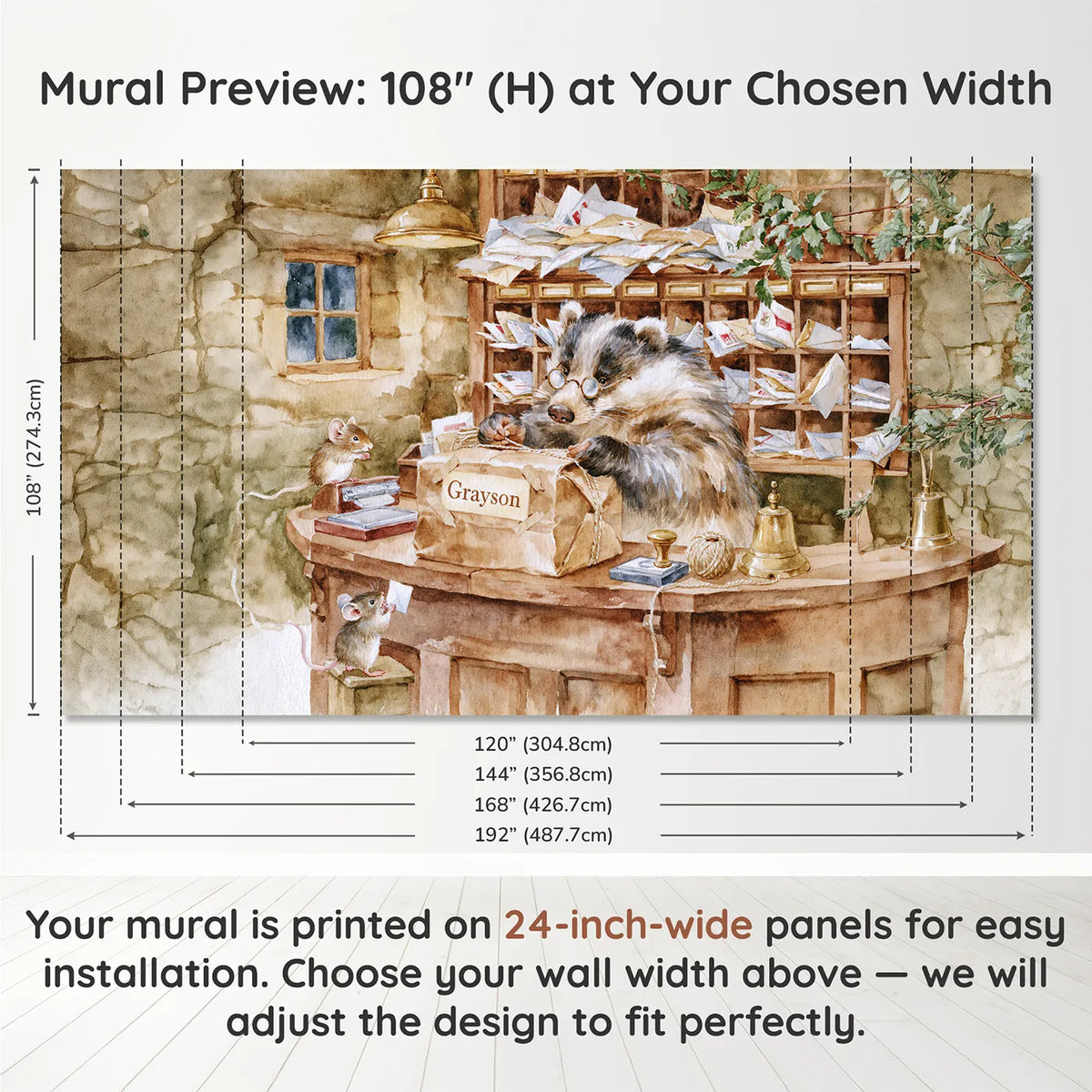 Panel layout and dimensions for Post Office Parcel Personalized Wall Mural by Whimsy Tots