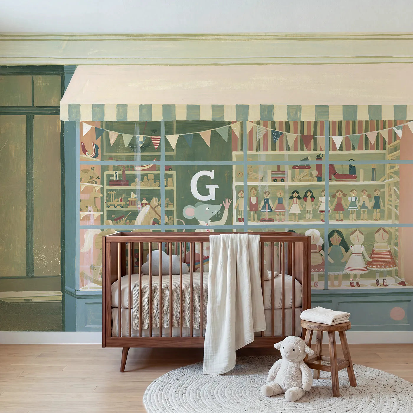 Modern illustration toy shop window personalized wall mural with painted pane initial by Whimsy Tots