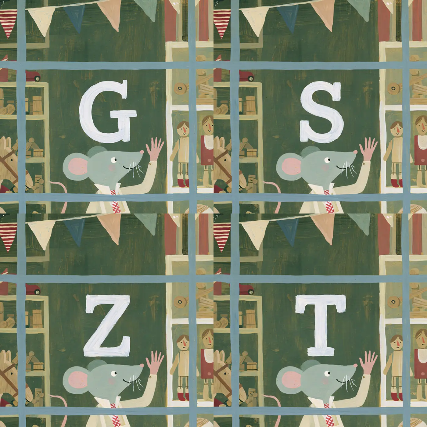 Four name preview examples of Flat Toy Shop Window Personalized Wall Mural by Whimsy Tots