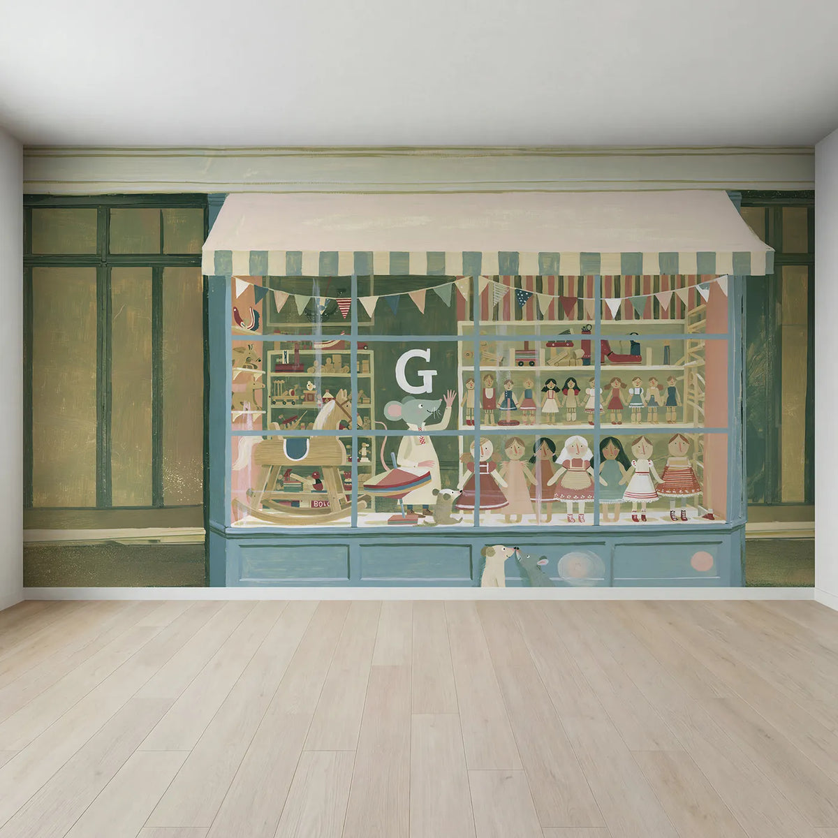 Full view of Flat Toy Shop Window Personalized Wall Mural by Whimsy Tots