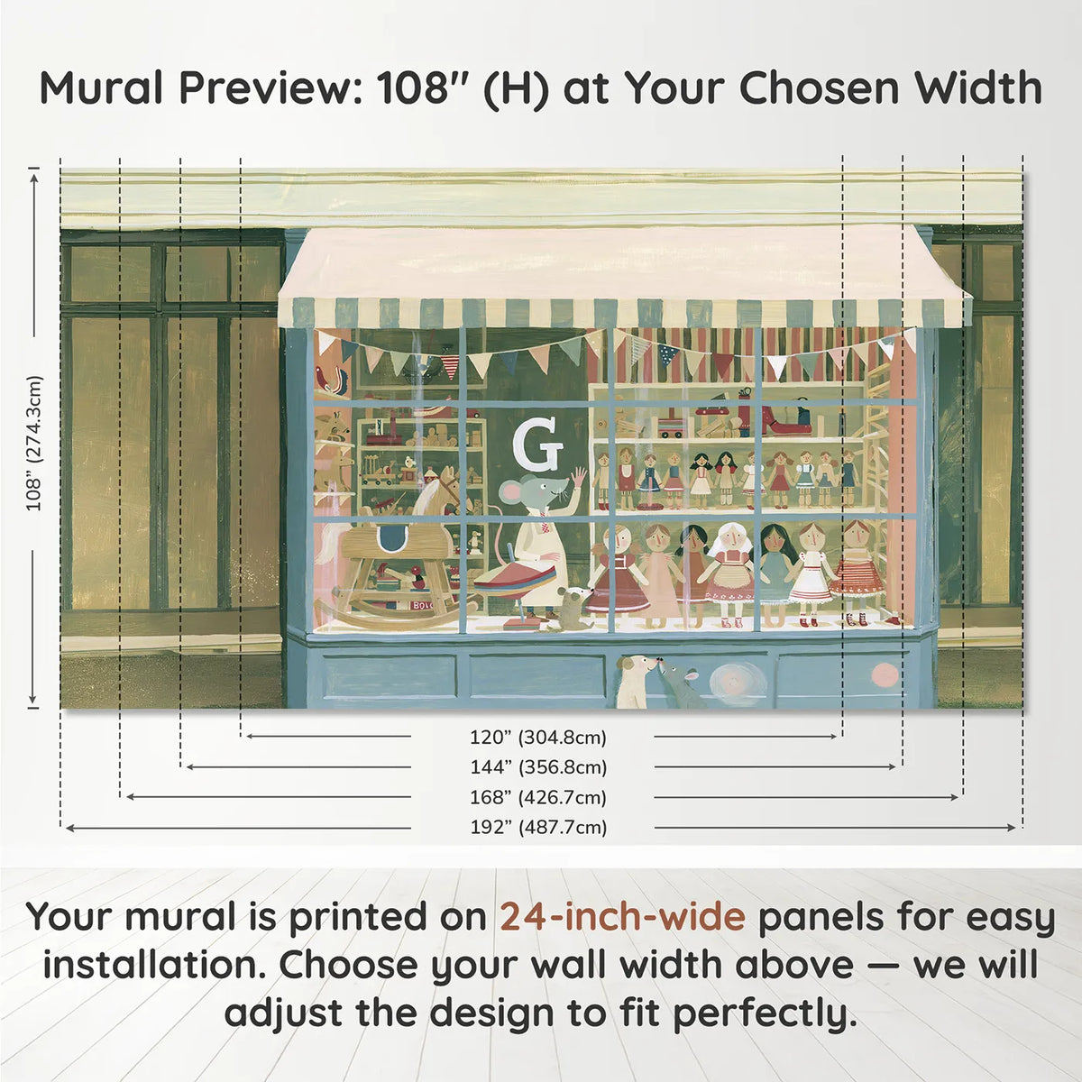 Panel layout and dimensions for Flat Toy Shop Window Personalized Wall Mural by Whimsy Tots