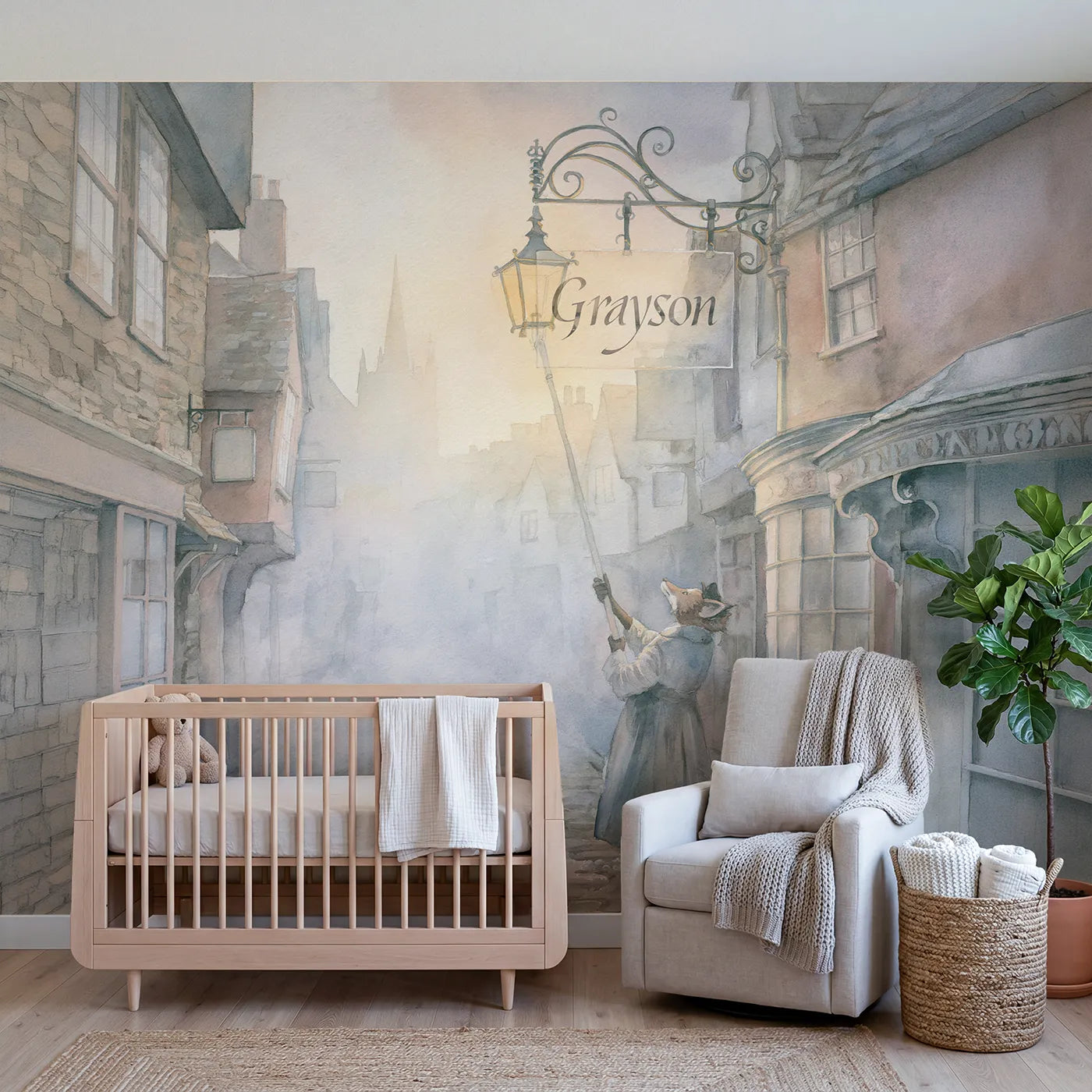 Watercolor misty lane lamplighter personalized wall mural with etched lamp glass by Whimsy Tots