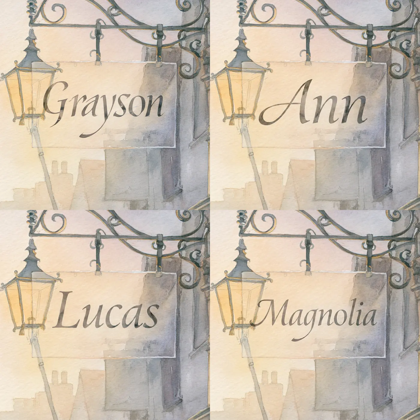 Four name preview examples of Misty Lane Lamplighter Personalized Wall Mural by Whimsy Tots